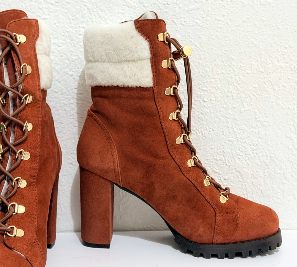 Stuart Weitzman Cycler 4" High Block Heel Combat Boot (Sz 9 B), Suede & Sherpa